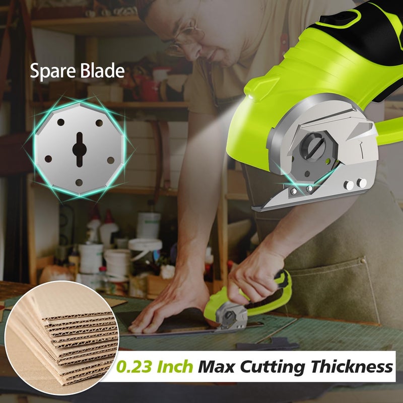 Mershca Cordless Electric Scissors, 4V Rechargeable Box Cutter & Cardboard Cutter with LED Light, Safety Lock - Rotary Cutter for Fabric, Leather, Carpet, Plastic, Crafting, Sewing with Storage Box (Green) - Image 2